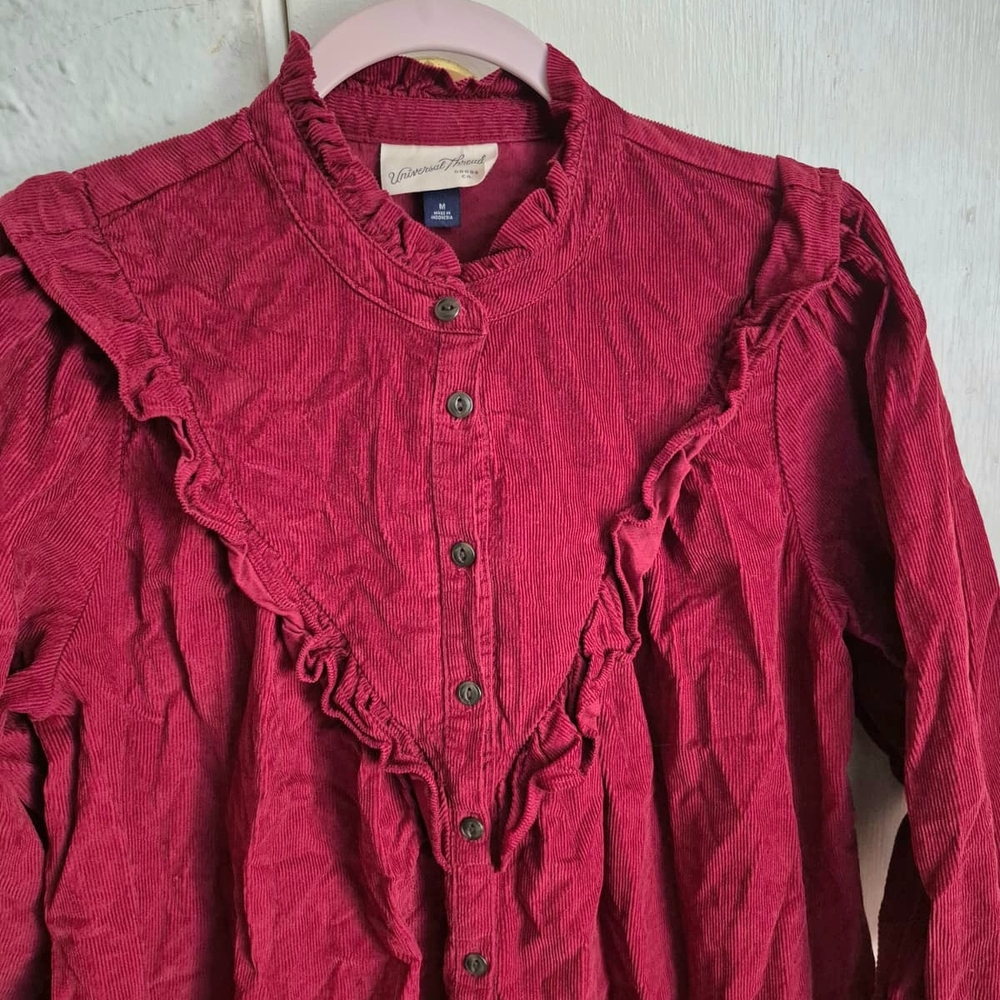 Red Ruffled Button-Up Shirt Dress